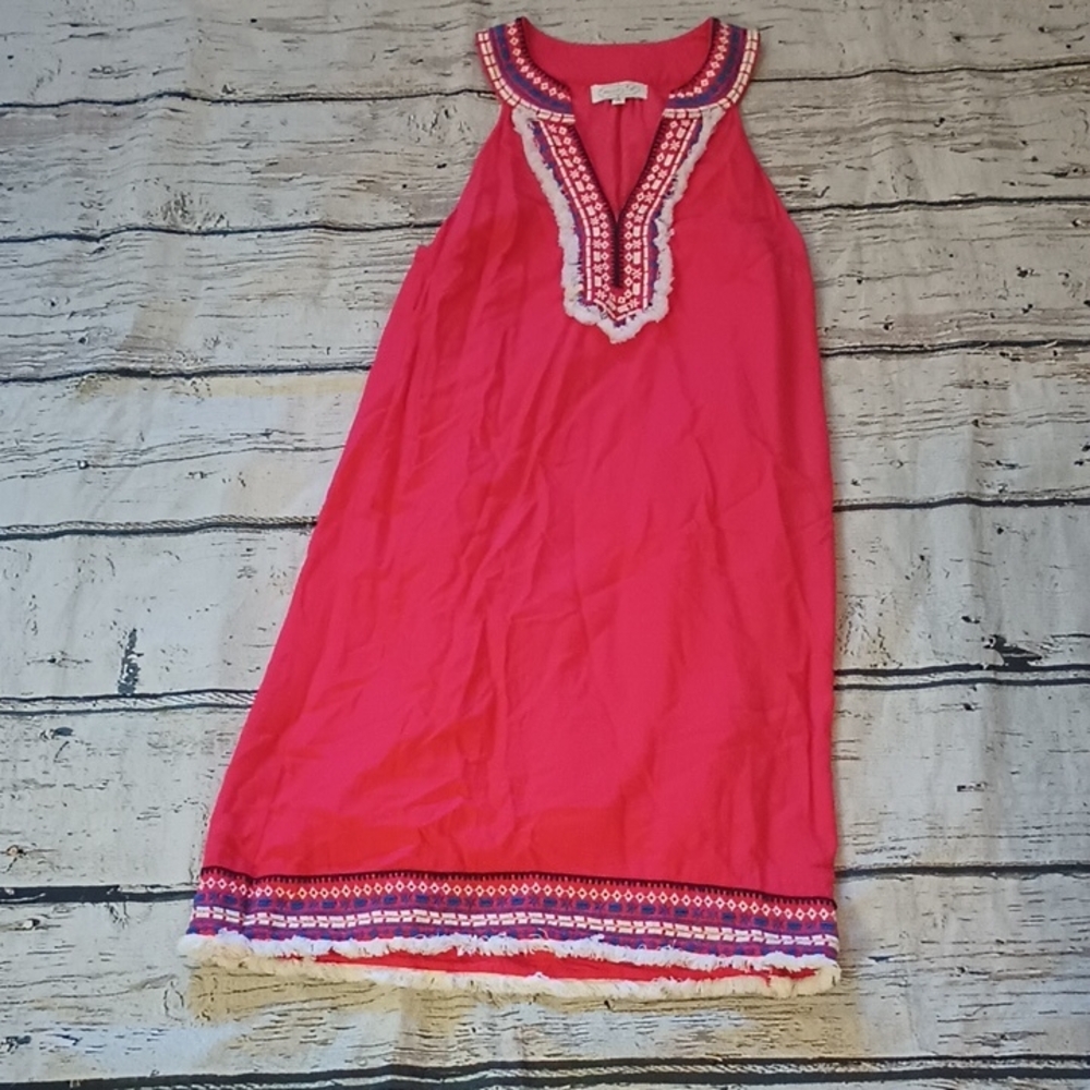 Mudpie Coral Blue White Embroidered Boho Sleeveless Dress S